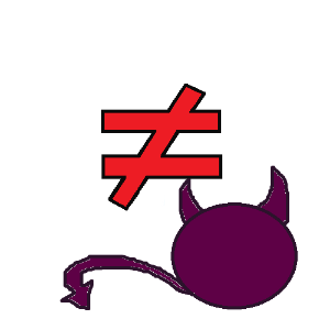 A blank space and a purple circle with horns and a pointed tail, representing a demon, with a does not equal sign between them.